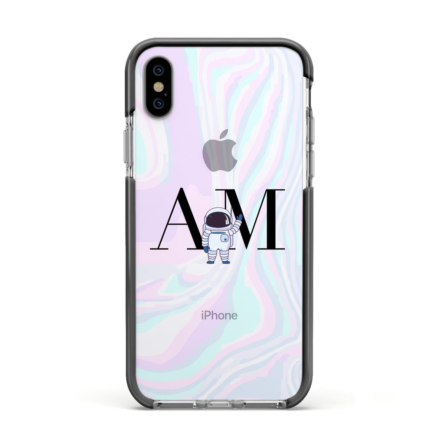 Pastel Marble Ink Astronaut Initials Apple iPhone Xs Impact Case Black Edge on Silver Phone