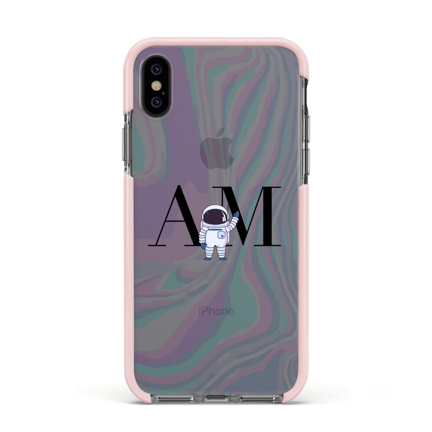 Pastel Marble Ink Astronaut Initials Apple iPhone Xs Impact Case Pink Edge on Black Phone