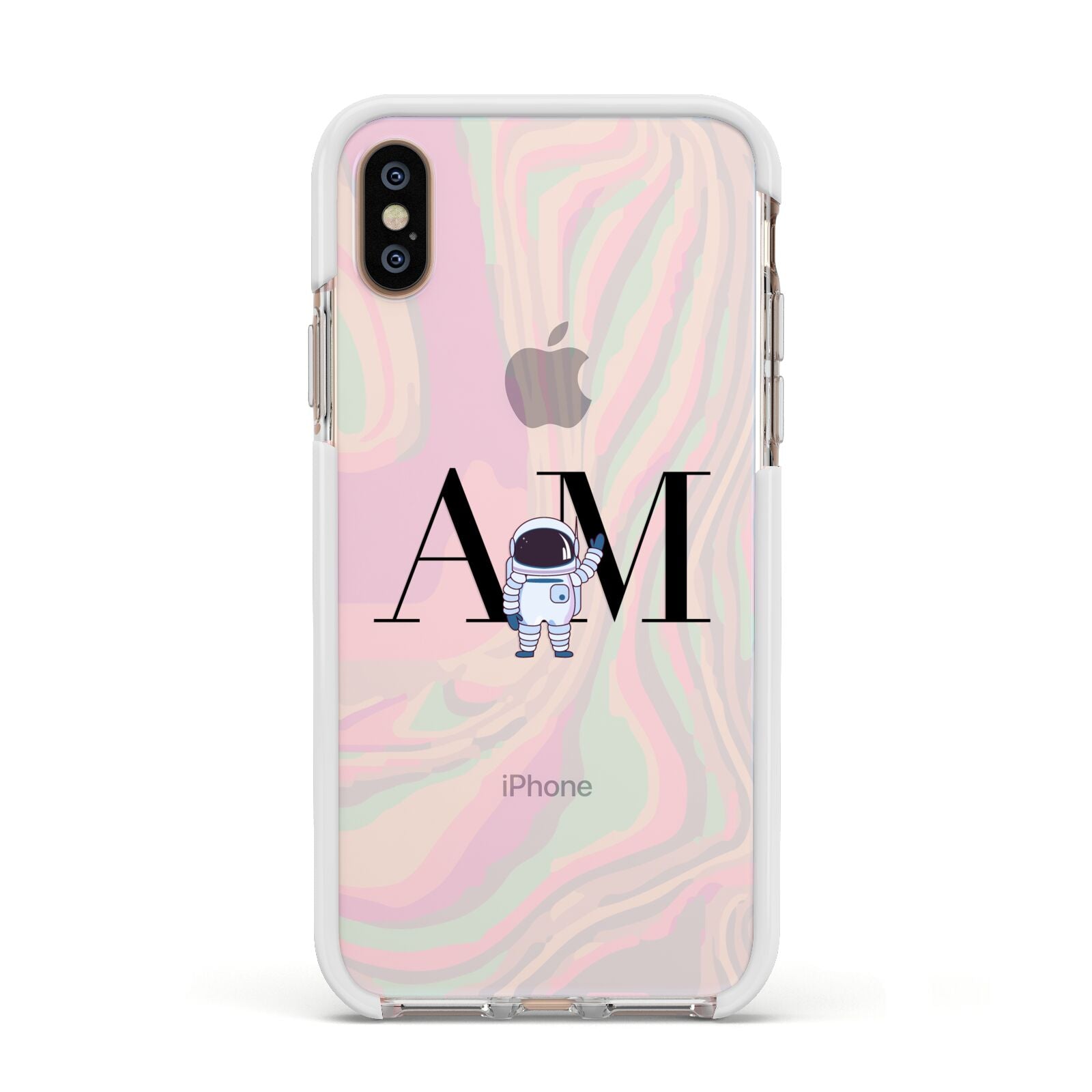 Pastel Marble Ink Astronaut Initials Apple iPhone Xs Impact Case White Edge on Gold Phone
