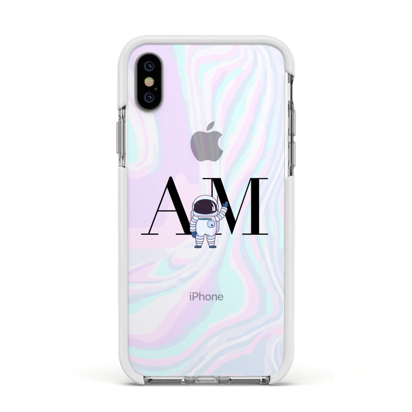 Pastel Marble Ink Astronaut Initials Apple iPhone Xs Impact Case White Edge on Silver Phone