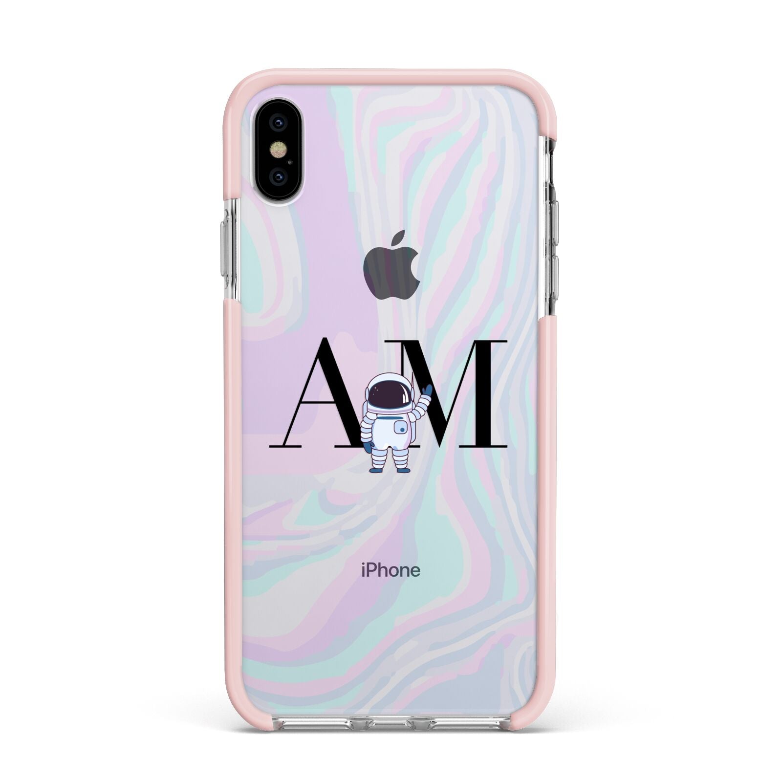 Pastel Marble Ink Astronaut Initials Apple iPhone Xs Max Impact Case Pink Edge on Silver Phone