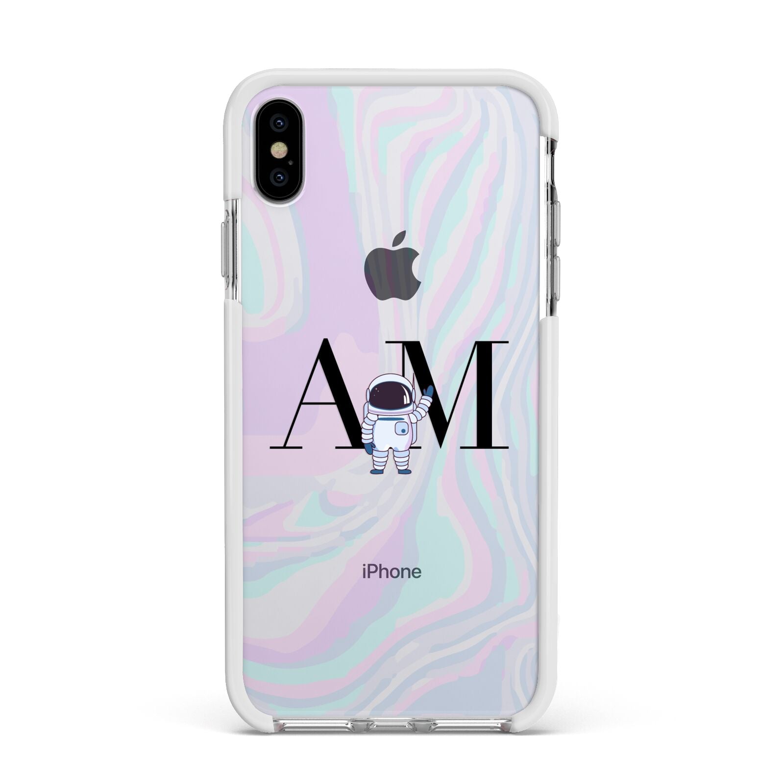 Pastel Marble Ink Astronaut Initials Apple iPhone Xs Max Impact Case White Edge on Silver Phone