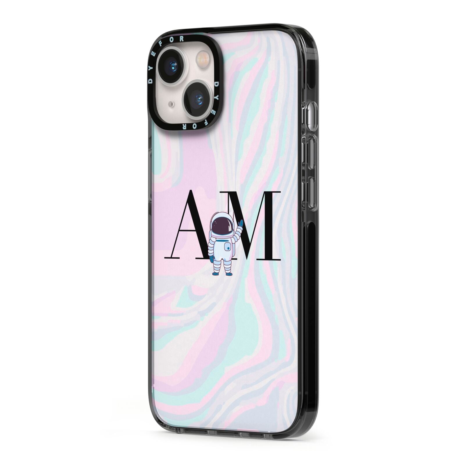 Pastel Marble Ink Astronaut Initials iPhone 13 Black Impact Case Side Angle on Silver phone
