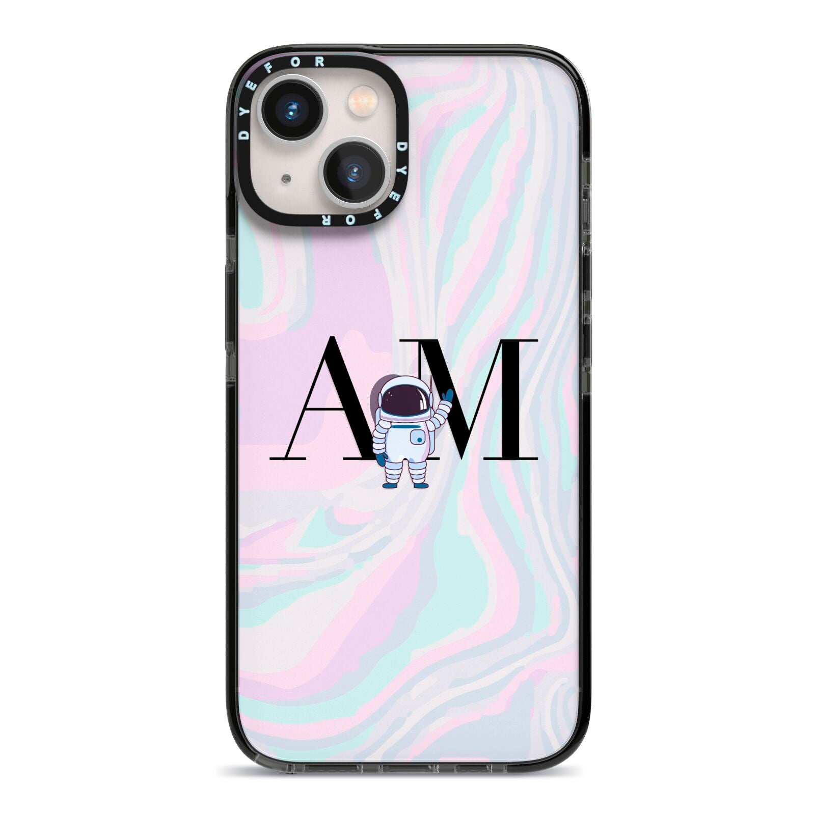 Pastel Marble Ink Astronaut Initials iPhone 13 Black Impact Case on Silver phone