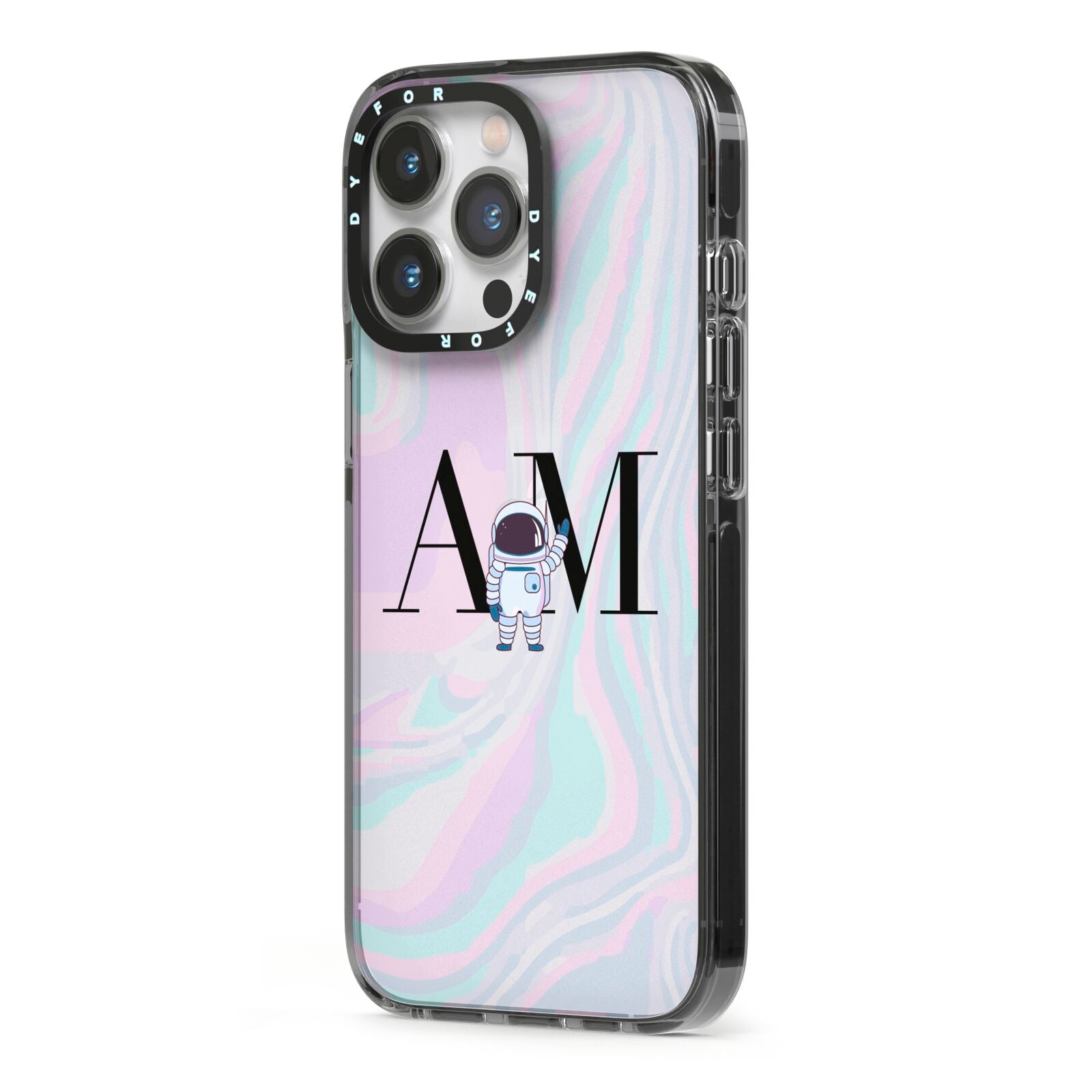 Pastel Marble Ink Astronaut Initials iPhone 13 Pro Black Impact Case Side Angle on Silver phone