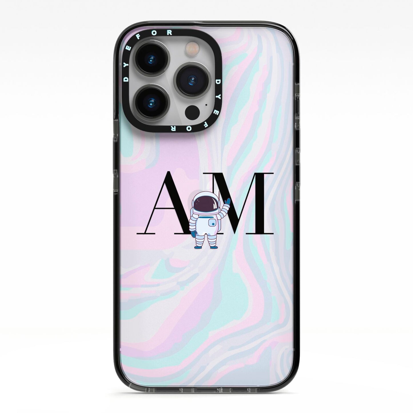 Pastel Marble Ink Astronaut Initials iPhone 13 Pro Black Impact Case on Silver phone