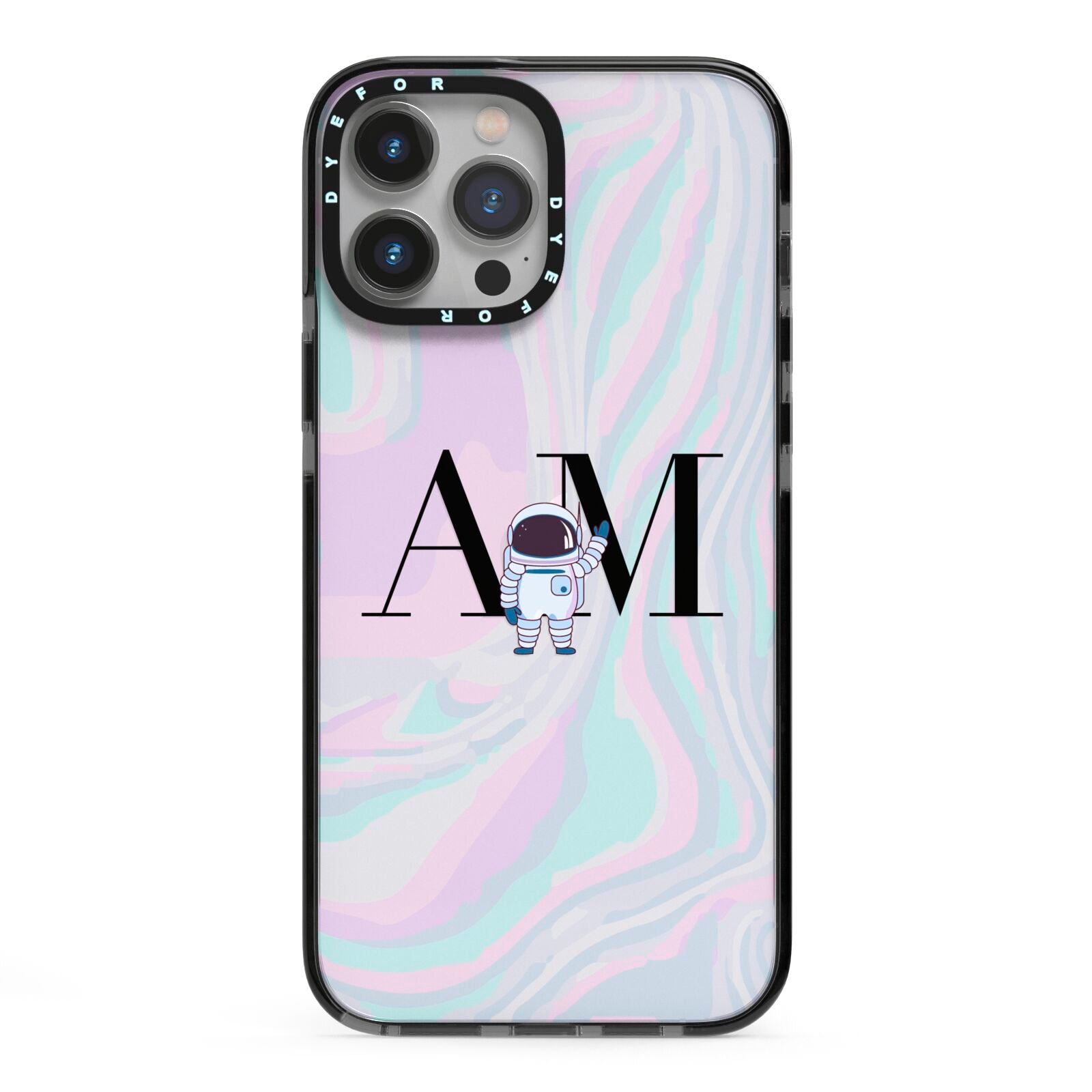 Pastel Marble Ink Astronaut Initials iPhone 13 Pro Max Black Impact Case on Silver phone