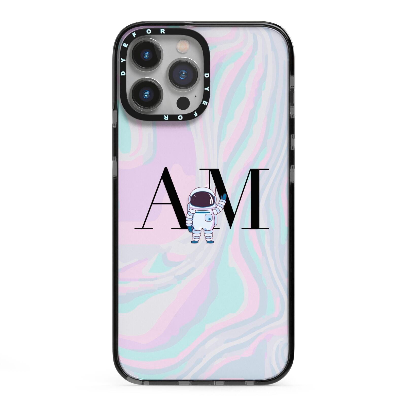 Pastel Marble Ink Astronaut Initials iPhone 13 Pro Max Black Impact Case on Silver phone