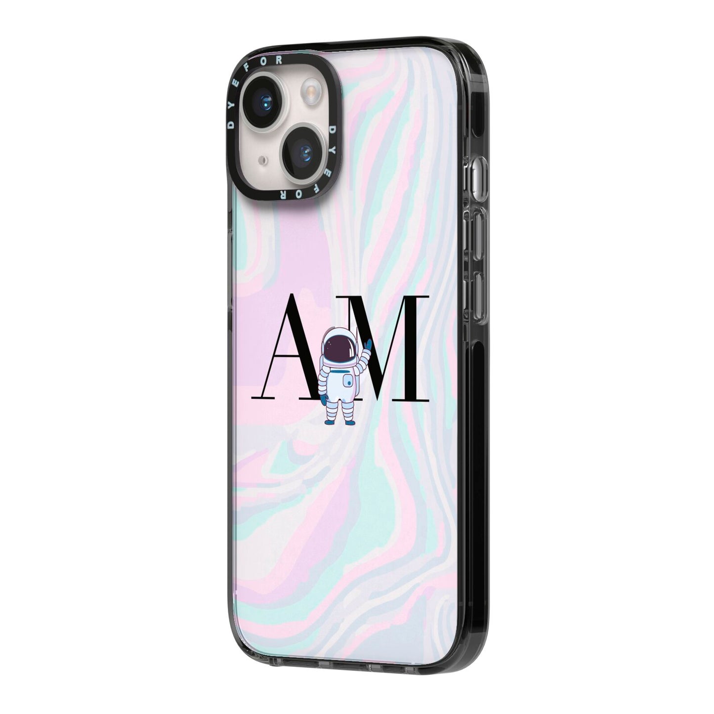 Pastel Marble Ink Astronaut Initials iPhone 14 Black Impact Case Side Angle on Silver phone