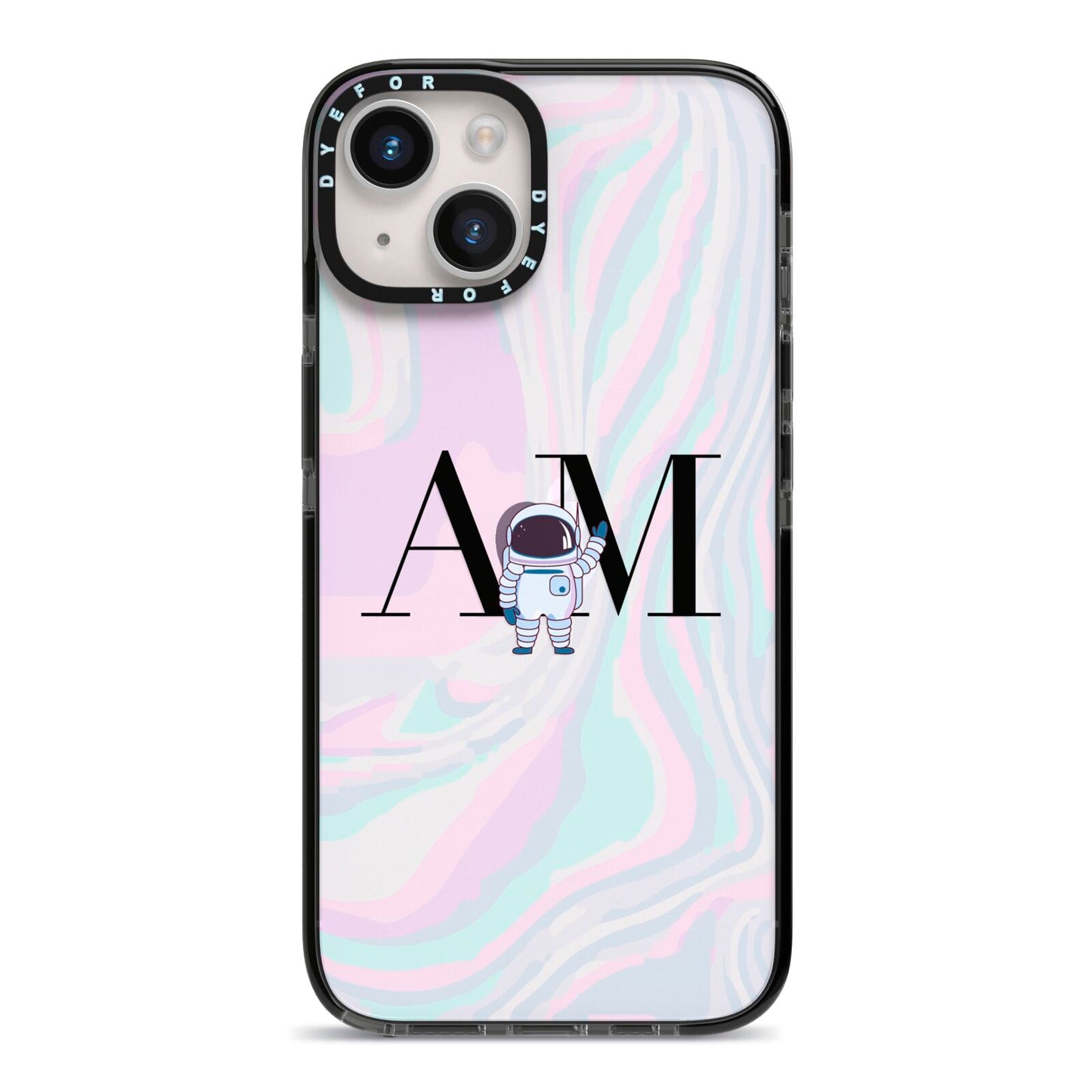 Pastel Marble Ink Astronaut Initials iPhone 14 Black Impact Case on Silver phone