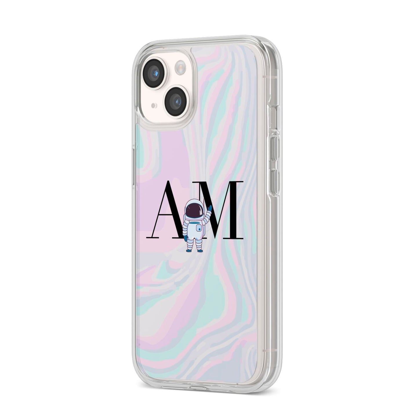 Pastel Marble Ink Astronaut Initials iPhone 14 Clear Tough Case Starlight Angled Image