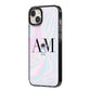 Pastel Marble Ink Astronaut Initials iPhone 14 Plus Black Impact Case Side Angle on Silver phone