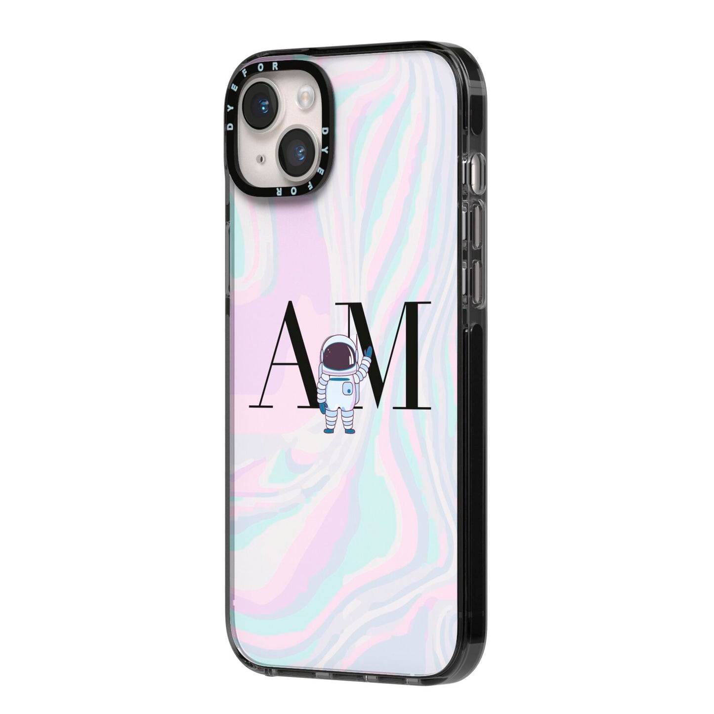Pastel Marble Ink Astronaut Initials iPhone 14 Plus Black Impact Case Side Angle on Silver phone