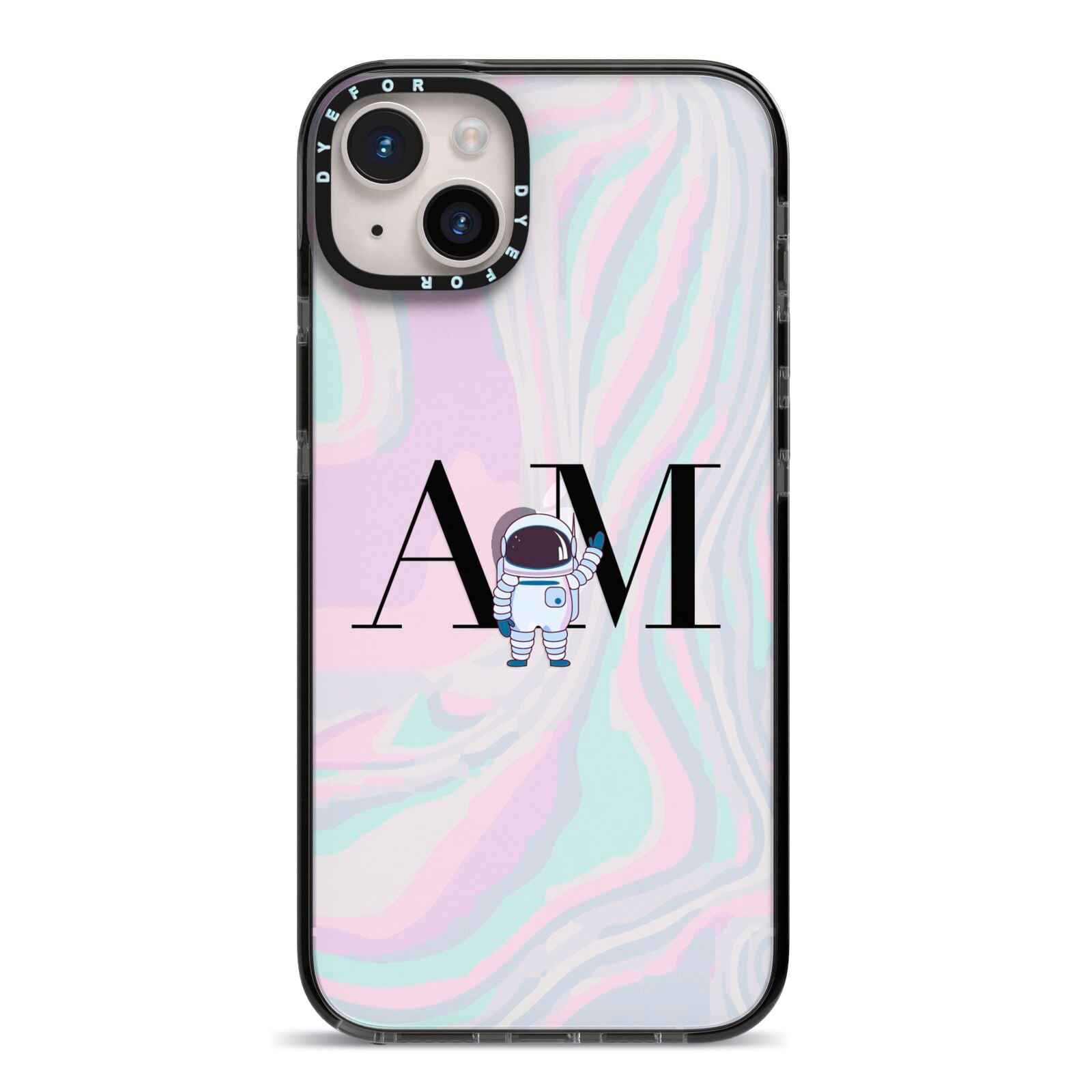 Pastel Marble Ink Astronaut Initials iPhone 14 Plus Black Impact Case on Silver phone