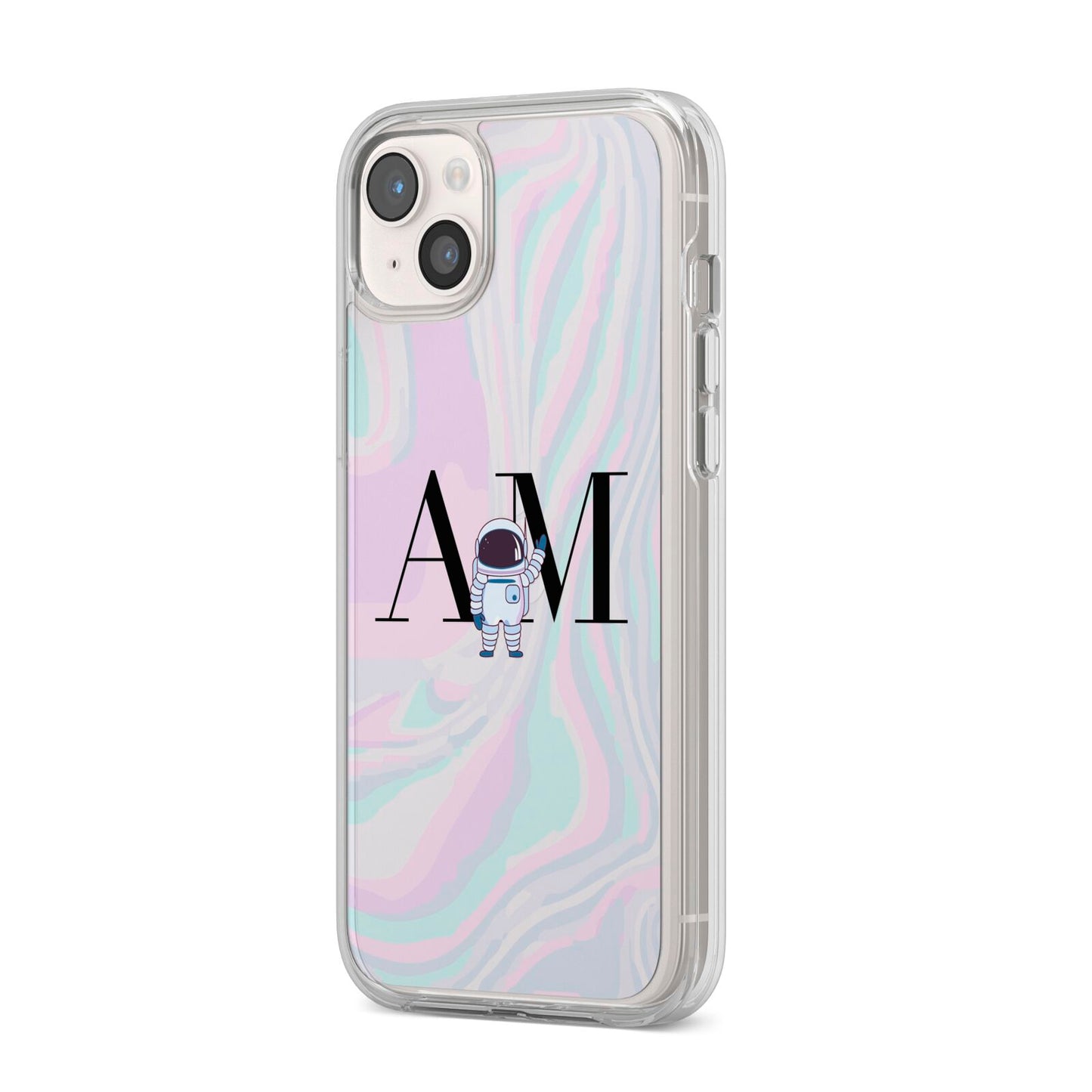 Pastel Marble Ink Astronaut Initials iPhone 14 Plus Clear Tough Case Starlight Angled Image