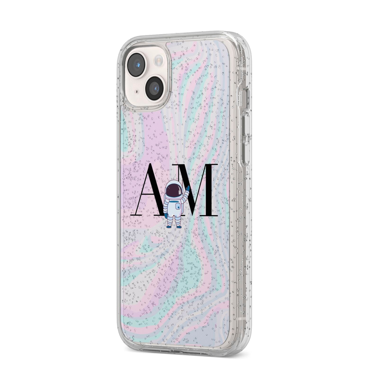 Pastel Marble Ink Astronaut Initials iPhone 14 Plus Glitter Tough Case Starlight Angled Image