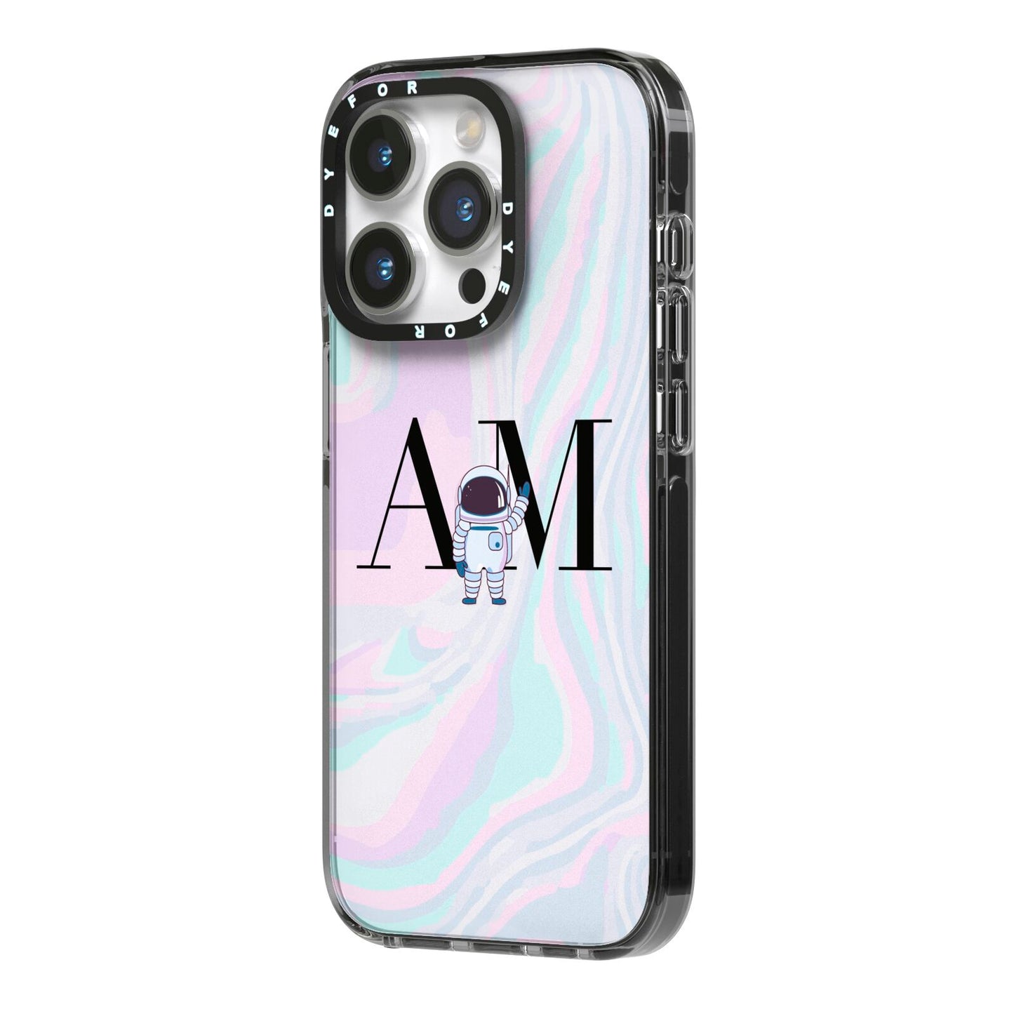 Pastel Marble Ink Astronaut Initials iPhone 14 Pro Black Impact Case Side Angle on Silver phone