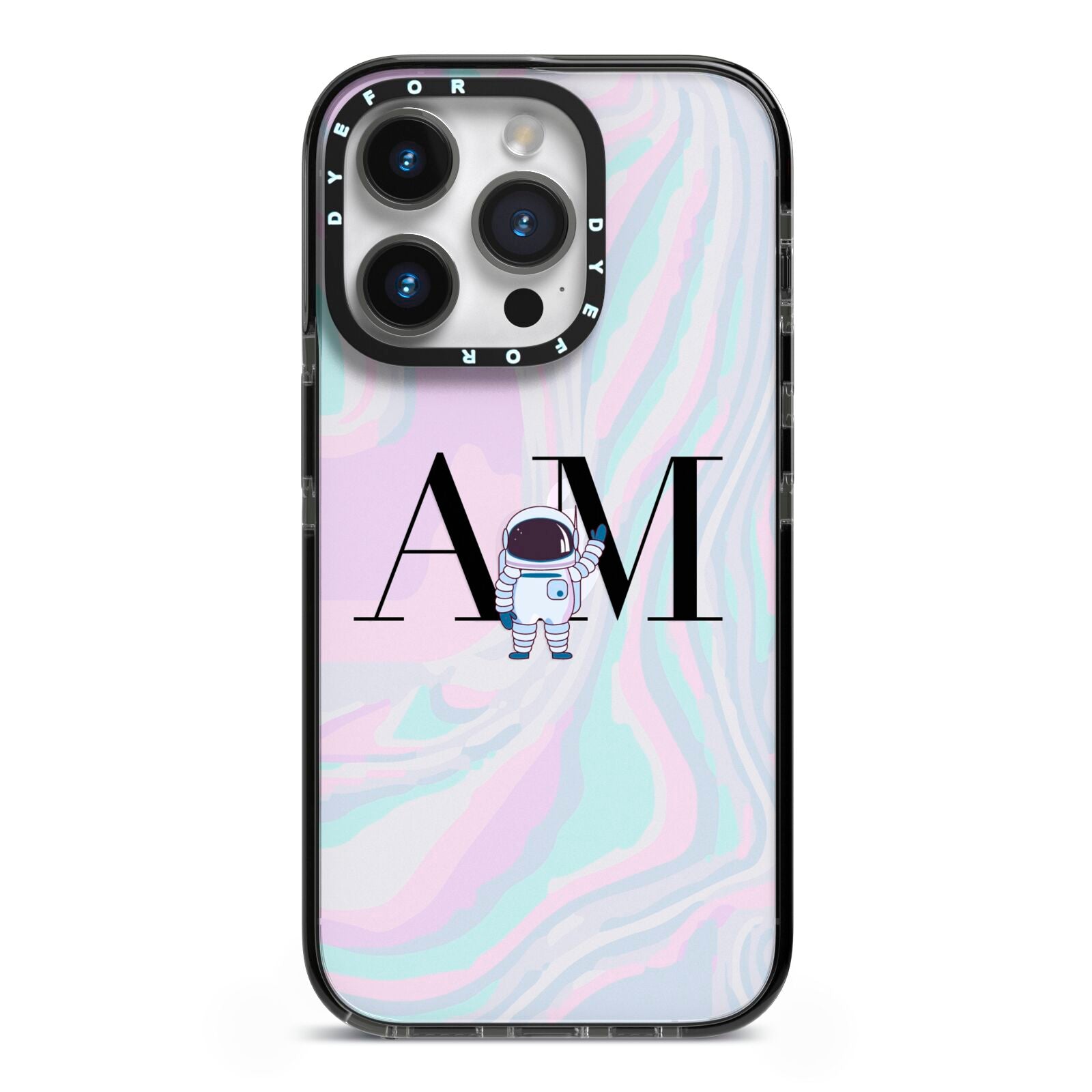 Pastel Marble Ink Astronaut Initials iPhone 14 Pro Black Impact Case on Silver phone