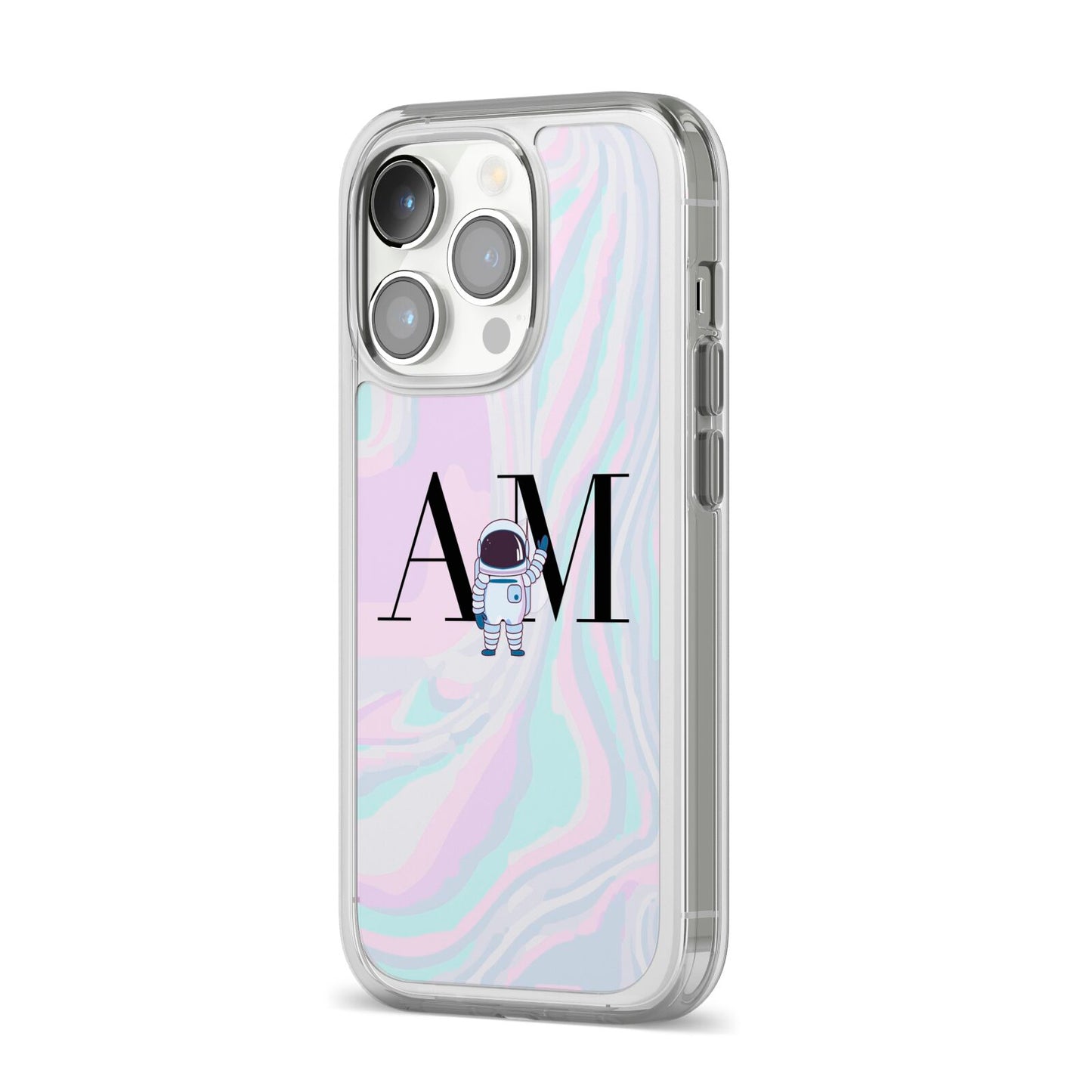 Pastel Marble Ink Astronaut Initials iPhone 14 Pro Clear Tough Case Silver Angled Image