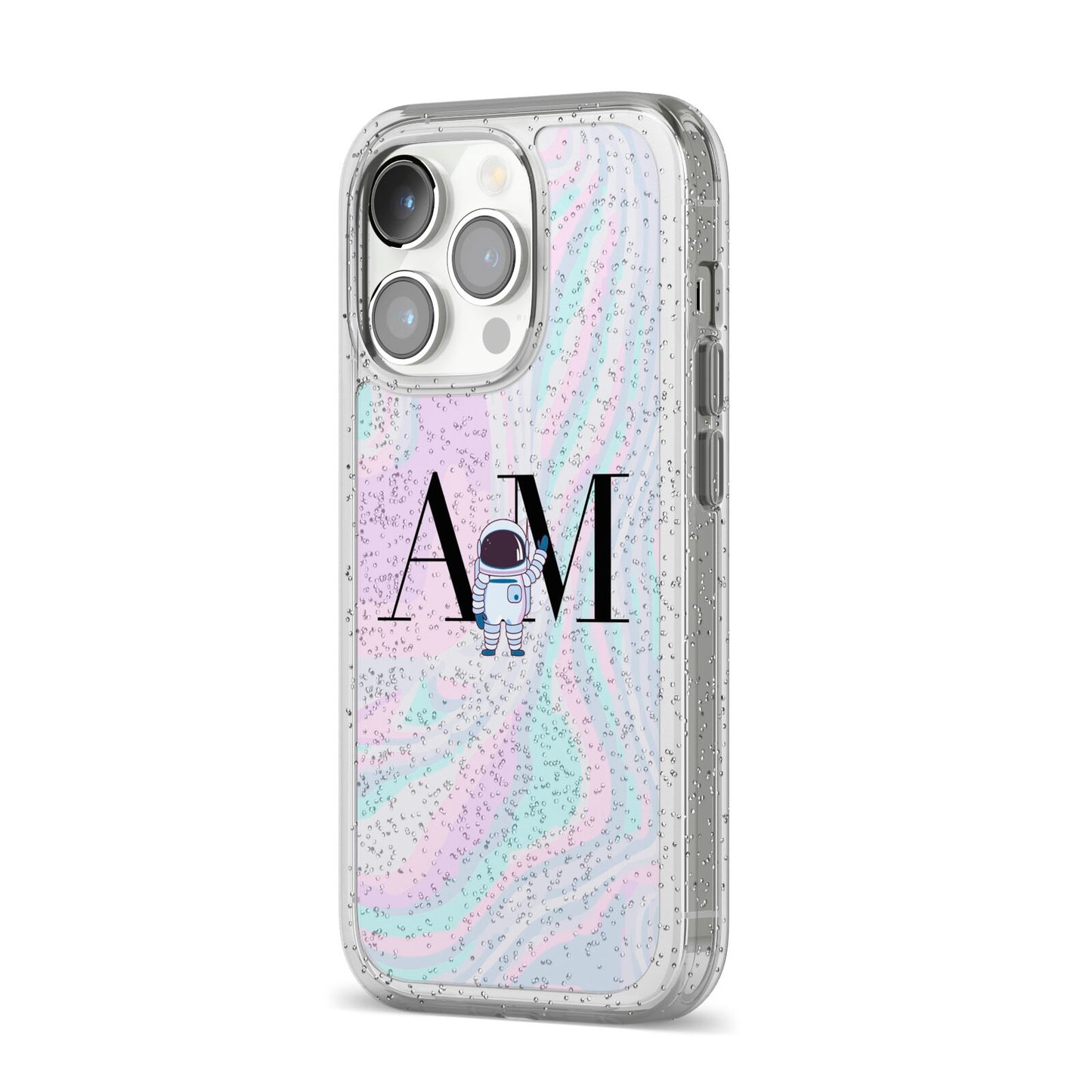 Pastel Marble Ink Astronaut Initials iPhone 14 Pro Glitter Tough Case Silver Angled Image