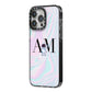 Pastel Marble Ink Astronaut Initials iPhone 14 Pro Max Black Impact Case Side Angle on Silver phone