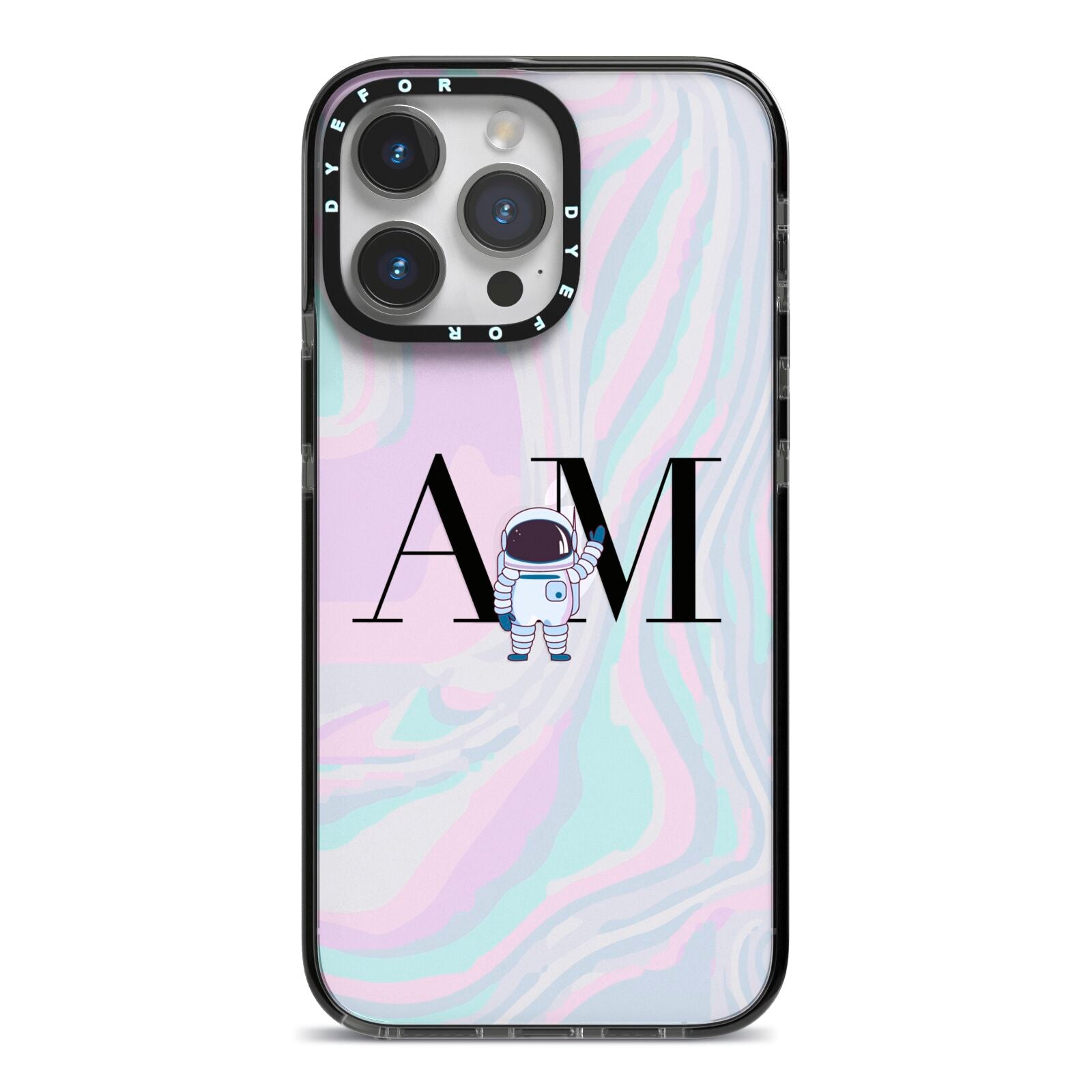 Pastel Marble Ink Astronaut Initials iPhone 14 Pro Max Black Impact Case on Silver phone