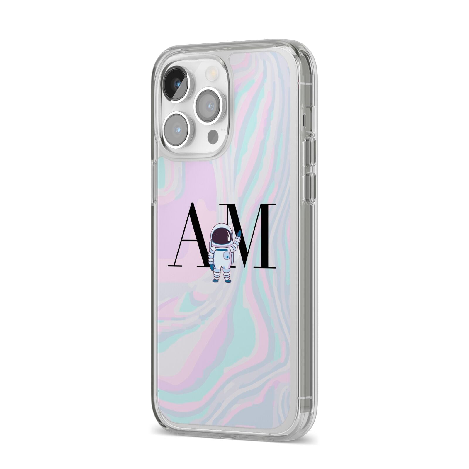 Pastel Marble Ink Astronaut Initials iPhone 14 Pro Max Clear Tough Case Silver Angled Image