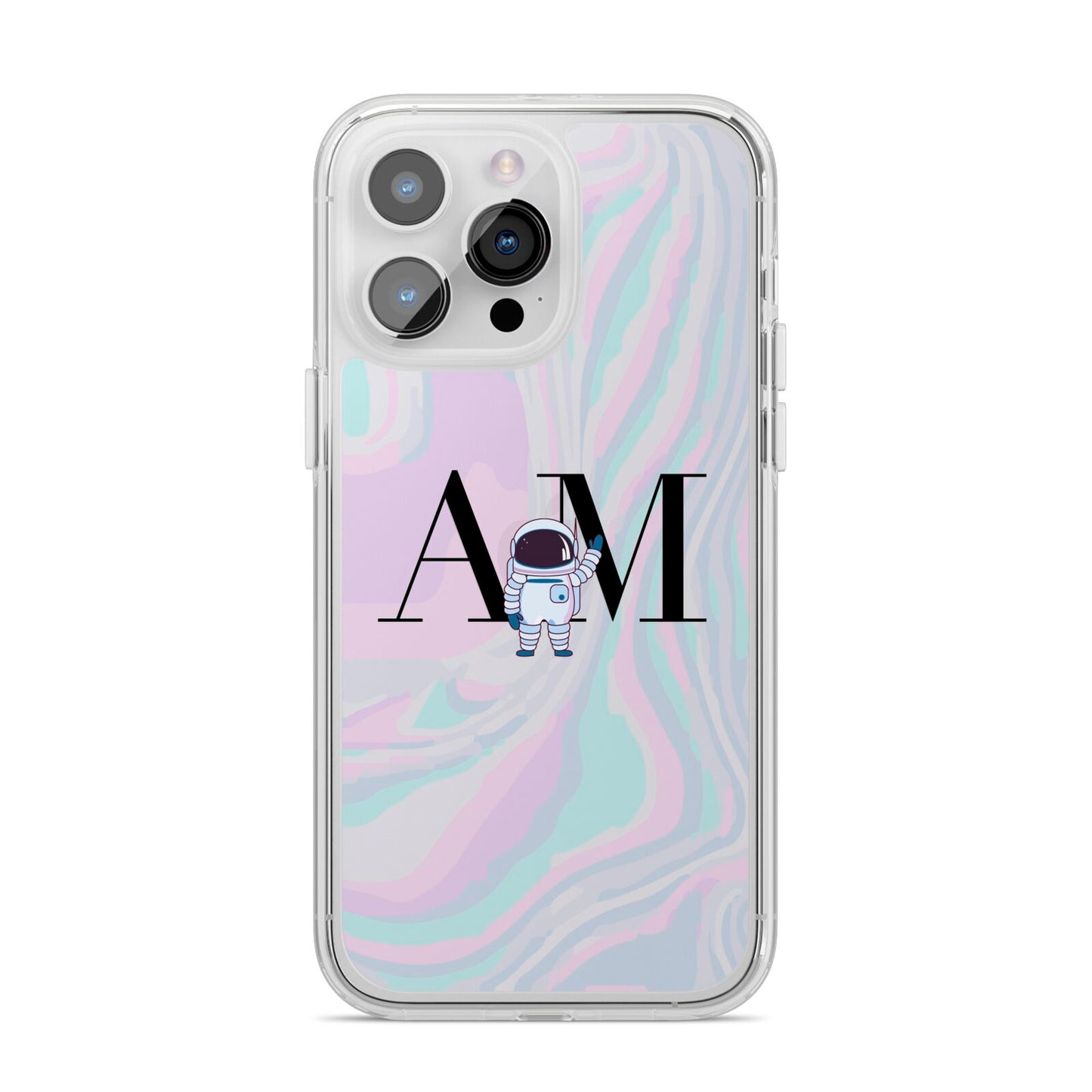 Pastel Marble Ink Astronaut Initials iPhone 14 Pro Max Clear Tough Case Silver