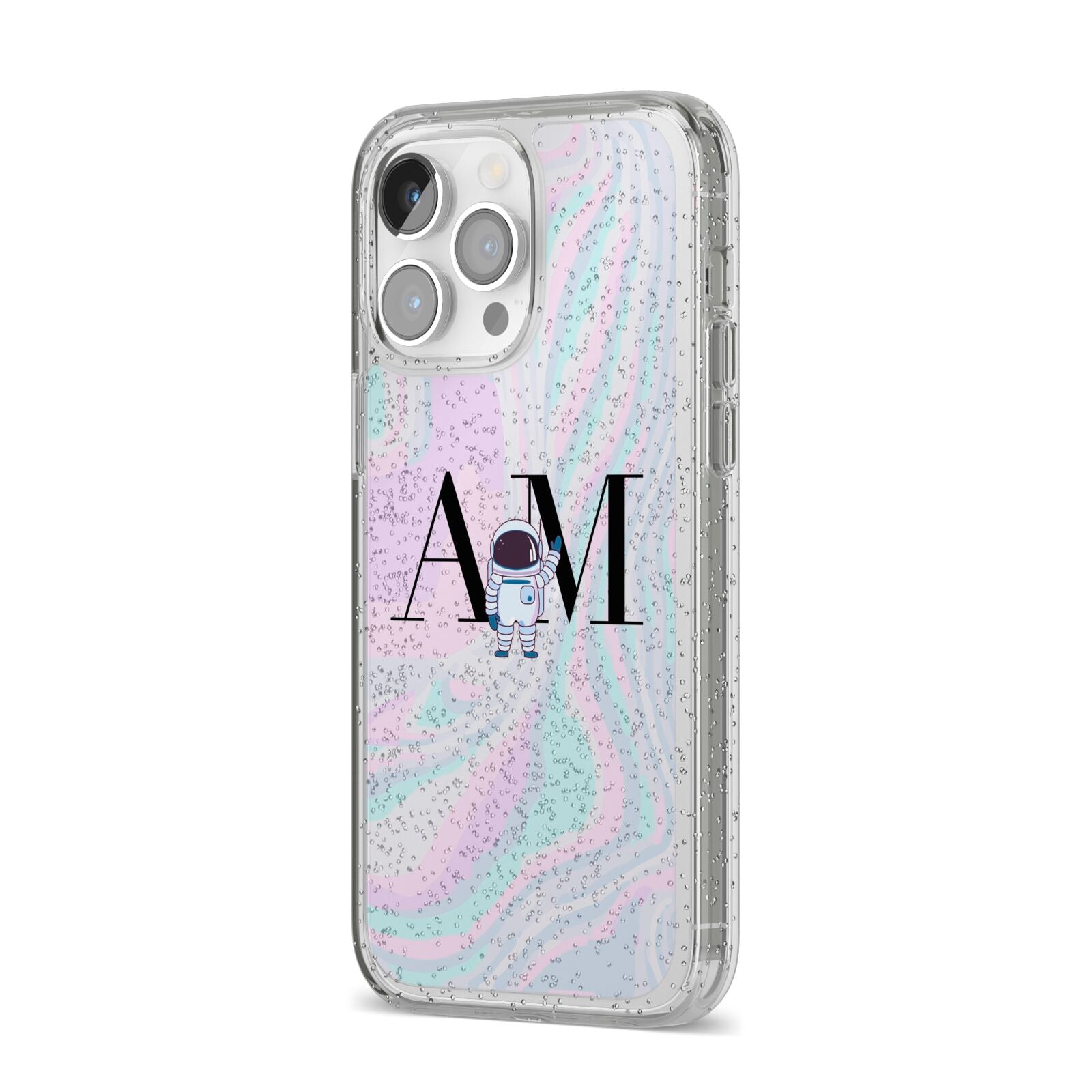 Pastel Marble Ink Astronaut Initials iPhone 14 Pro Max Glitter Tough Case Silver Angled Image