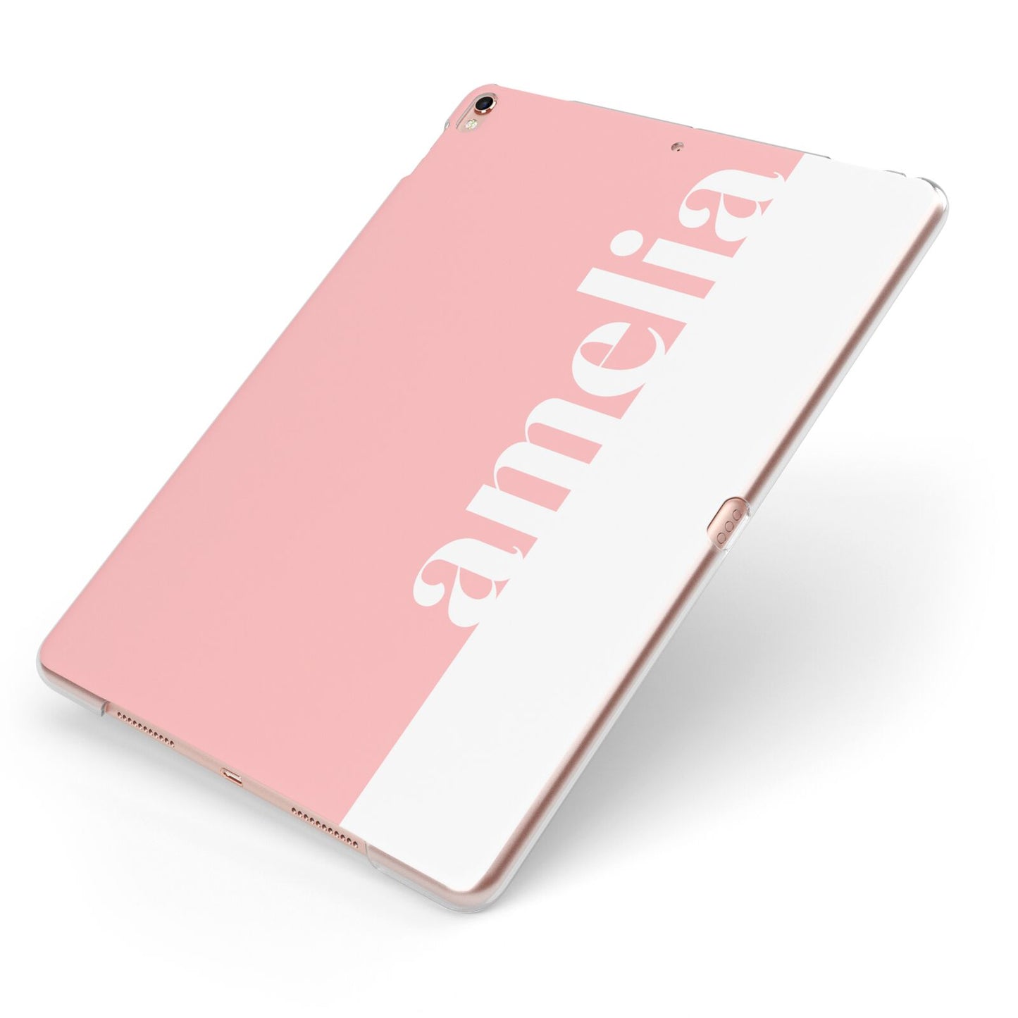 Pastel Pink Personalised Name Apple iPad Case on Rose Gold iPad Side View