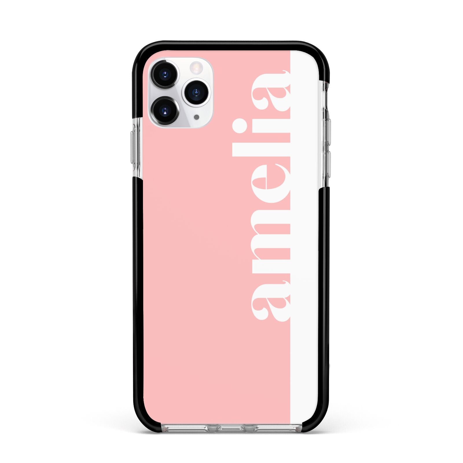 Pastel Pink Personalised Name Apple iPhone 11 Pro Max in Silver with Black Impact Case