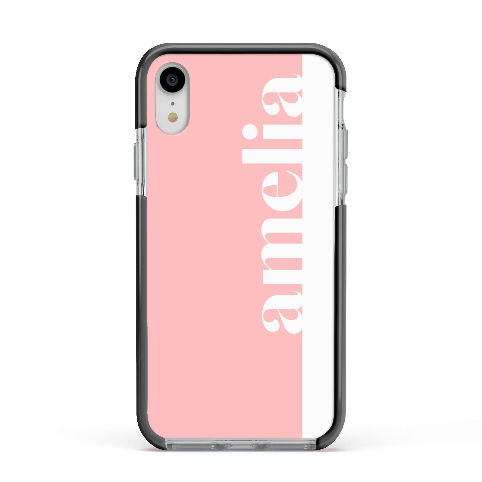 Pastel Pink Personalised Name Apple iPhone XR Impact Case Black Edge on Silver Phone