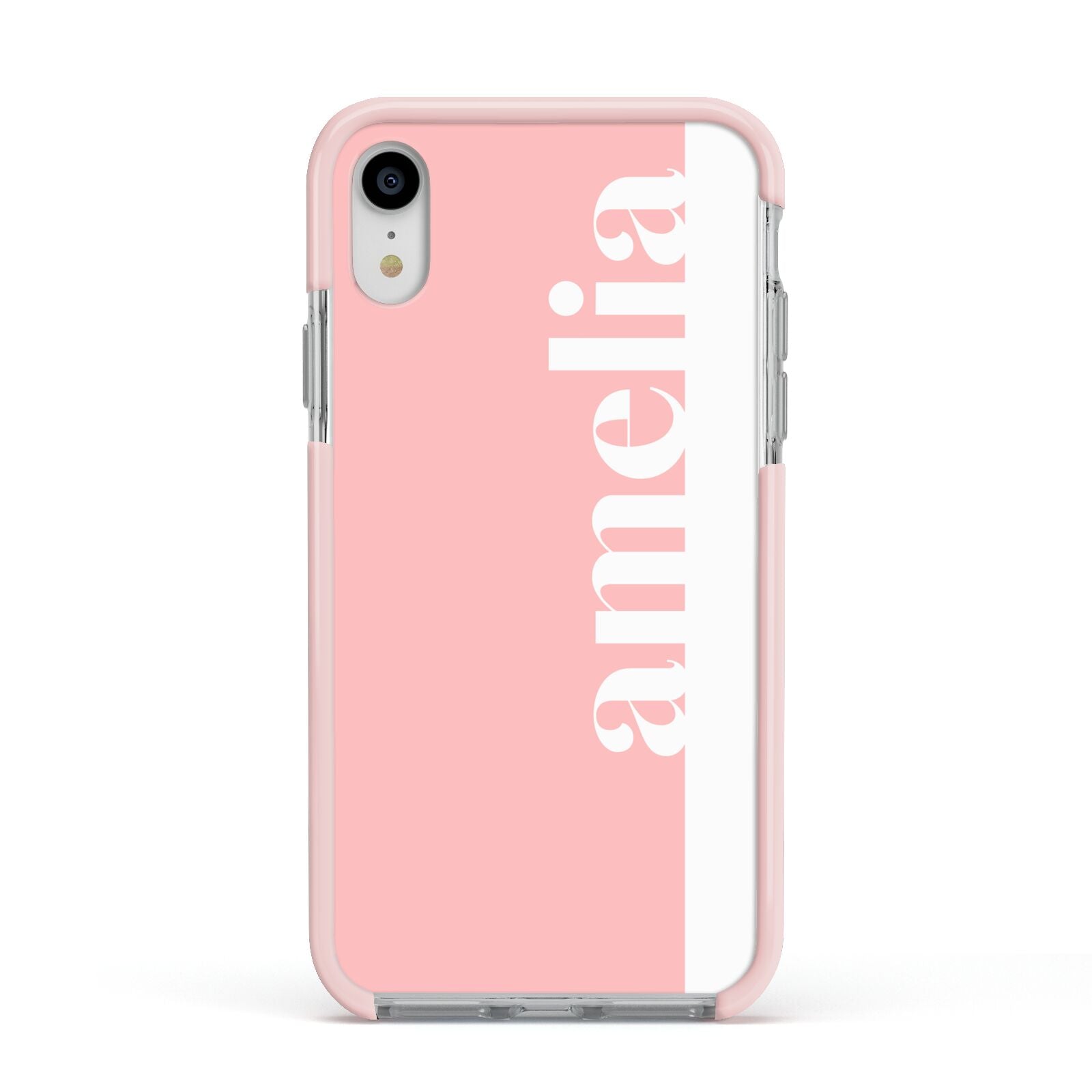 Pastel Pink Personalised Name Apple iPhone XR Impact Case Pink Edge on Silver Phone