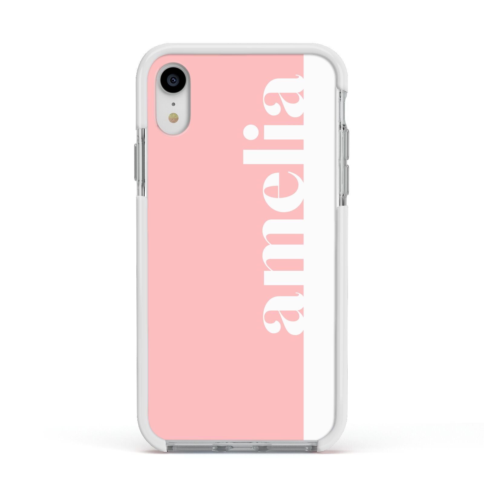 Pastel Pink Personalised Name Apple iPhone XR Impact Case White Edge on Silver Phone