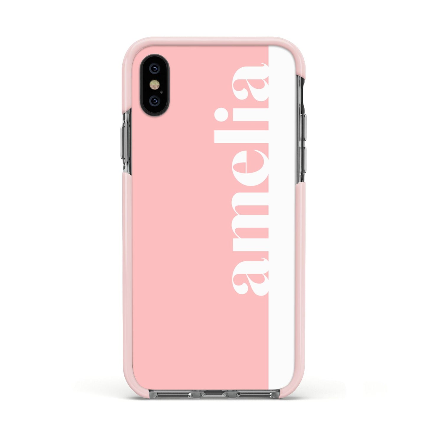 Pastel Pink Personalised Name Apple iPhone Xs Impact Case Pink Edge on Black Phone