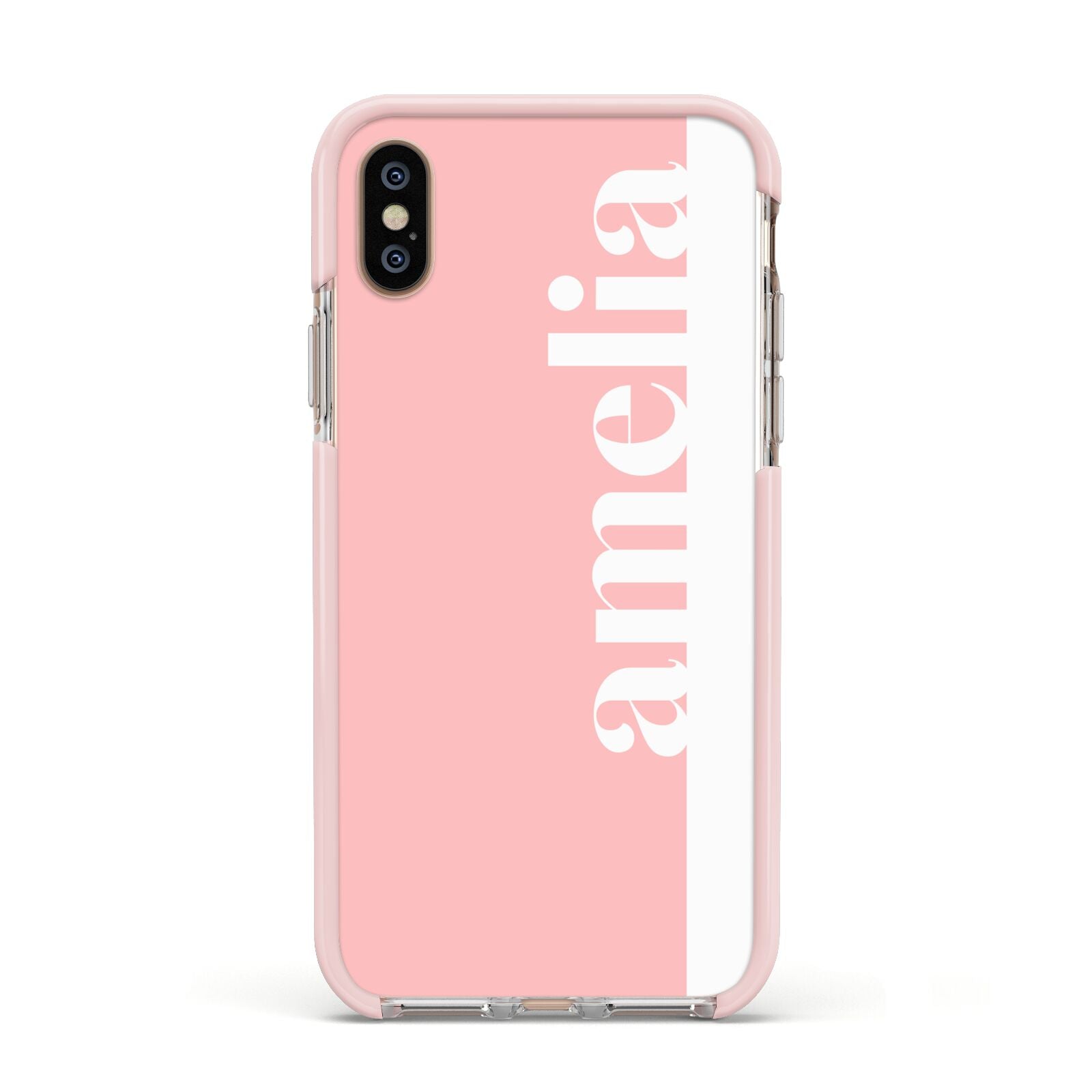 Pastel Pink Personalised Name Apple iPhone Xs Impact Case Pink Edge on Gold Phone