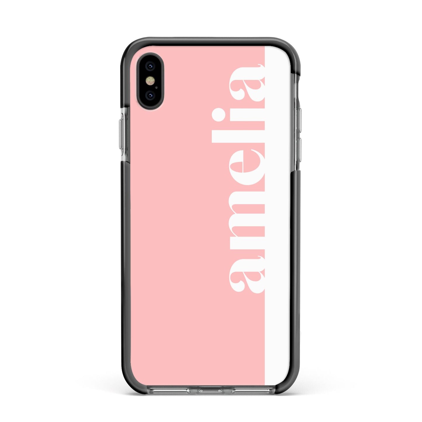 Pastel Pink Personalised Name Apple iPhone Xs Max Impact Case Black Edge on Black Phone