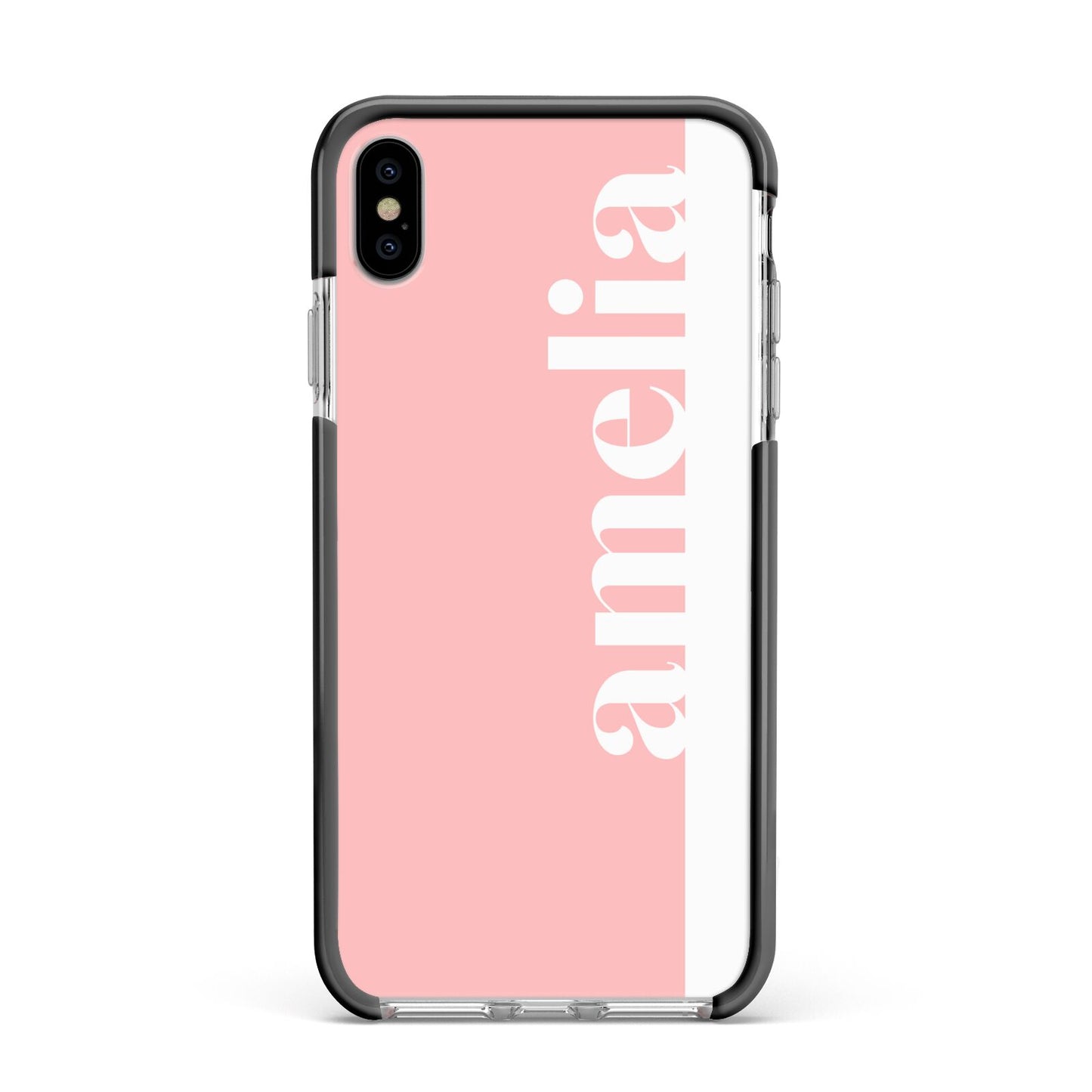 Pastel Pink Personalised Name Apple iPhone Xs Max Impact Case Black Edge on Silver Phone