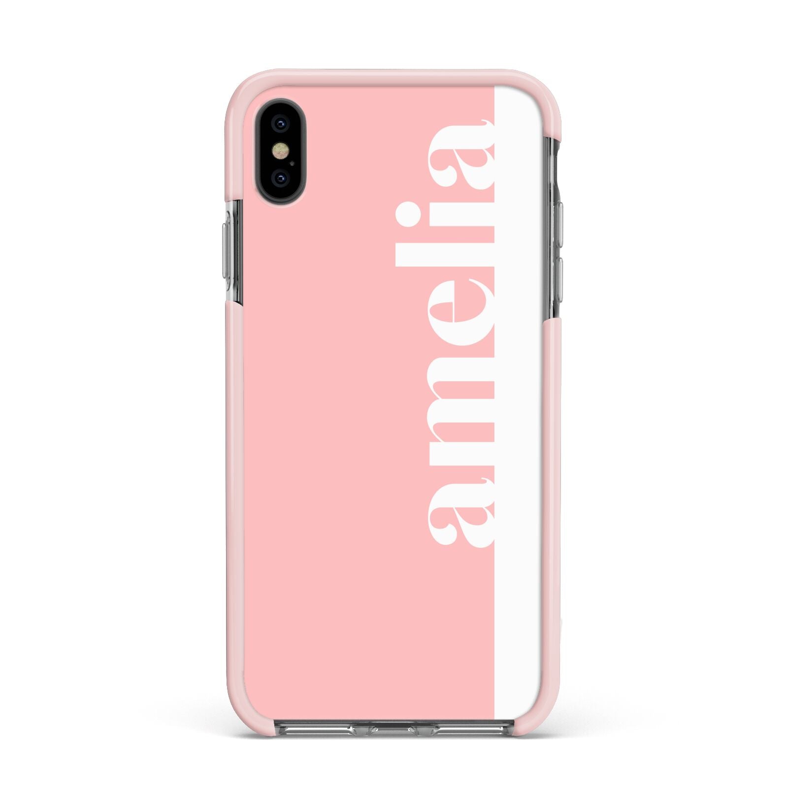 Pastel Pink Personalised Name Apple iPhone Xs Max Impact Case Pink Edge on Black Phone
