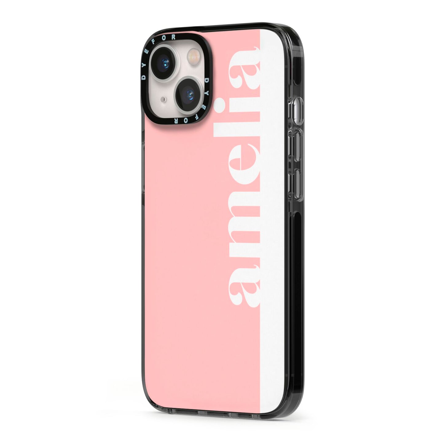 Pastel Pink Personalised Name iPhone 13 Black Impact Case Side Angle on Silver phone