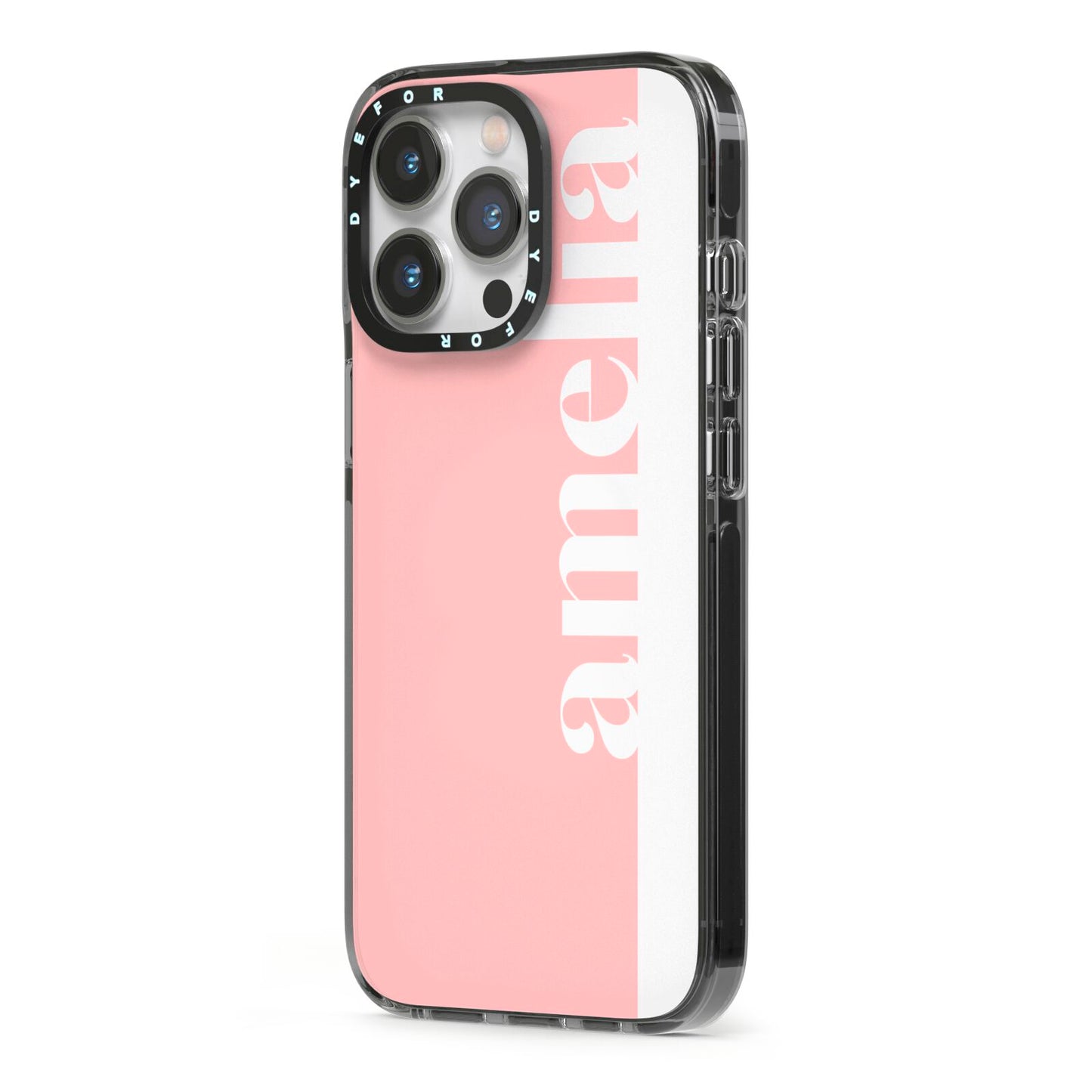Pastel Pink Personalised Name iPhone 13 Pro Black Impact Case Side Angle on Silver phone