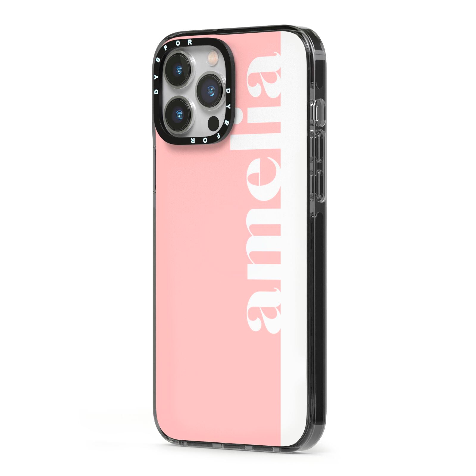 Pastel Pink Personalised Name iPhone 13 Pro Max Black Impact Case Side Angle on Silver phone
