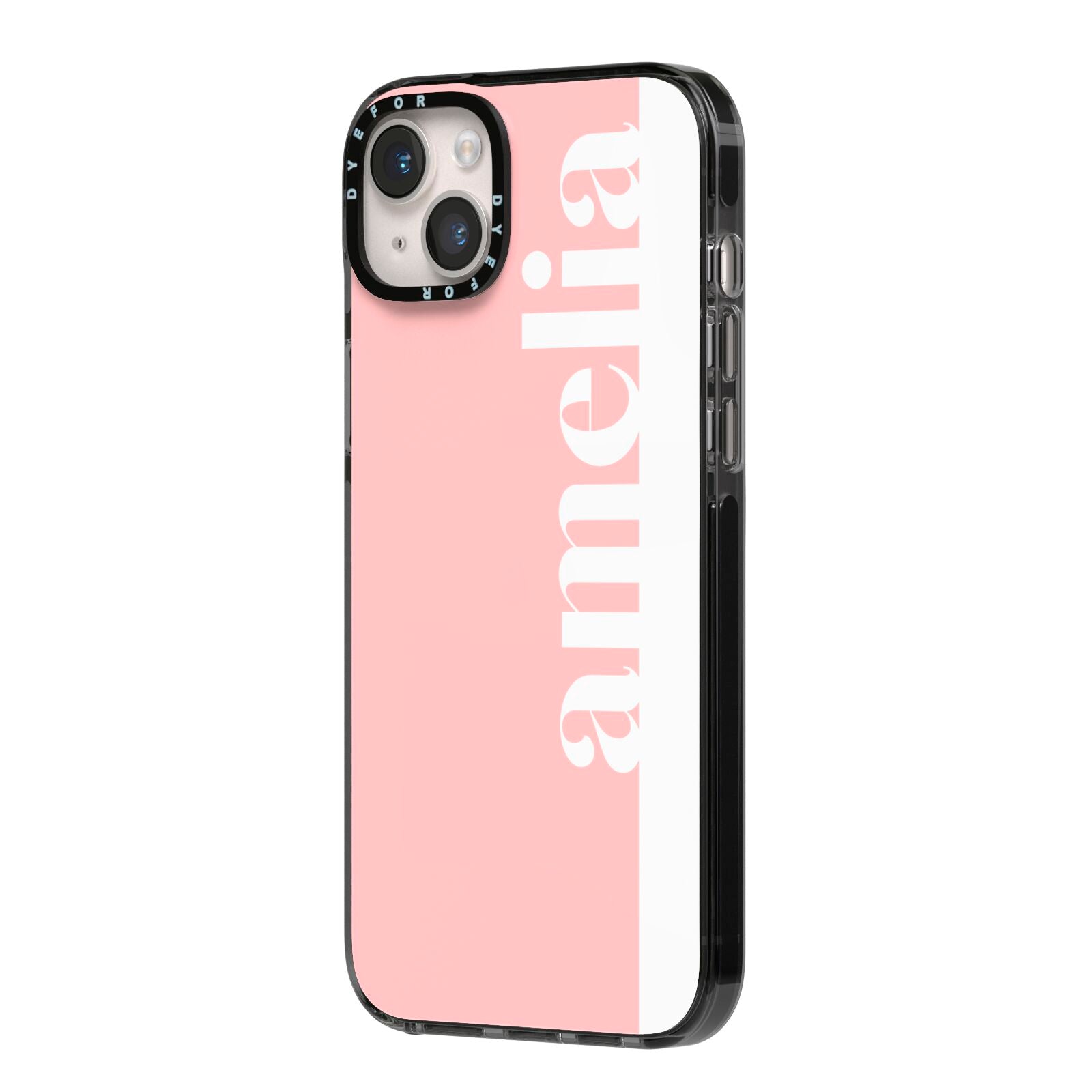 Pastel Pink Personalised Name iPhone 14 Plus Black Impact Case Side Angle on Silver phone