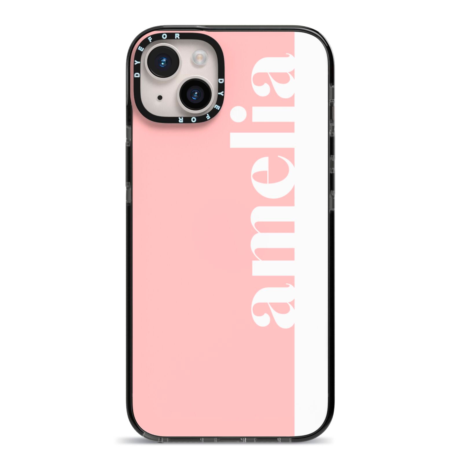 Pastel Pink Personalised Name iPhone 14 Plus Black Impact Case on Silver phone