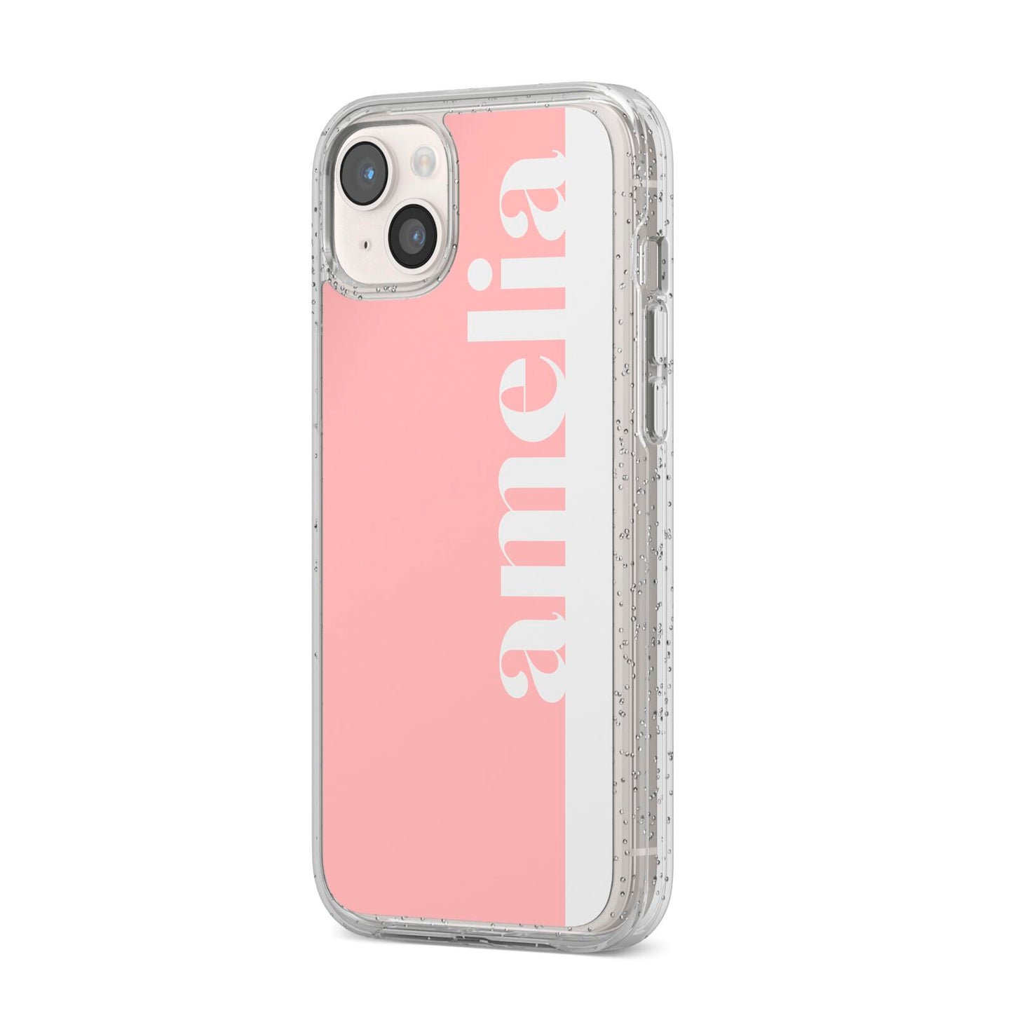 Pastel Pink Personalised Name iPhone 14 Plus Glitter Tough Case Starlight Angled Image