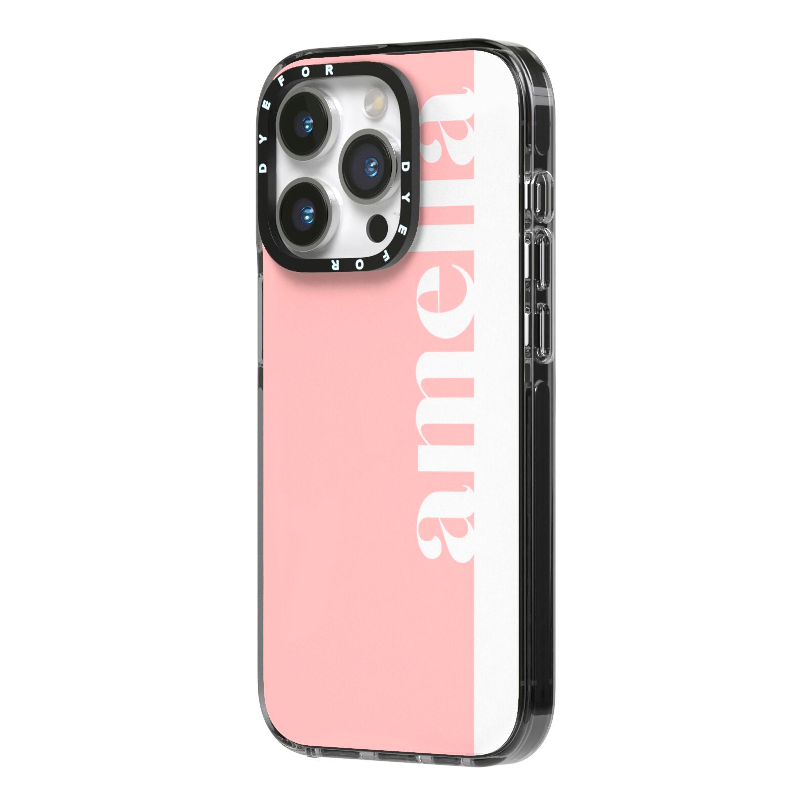 Pastel Pink Personalised Name iPhone 14 Pro Black Impact Case Side Angle on Silver phone