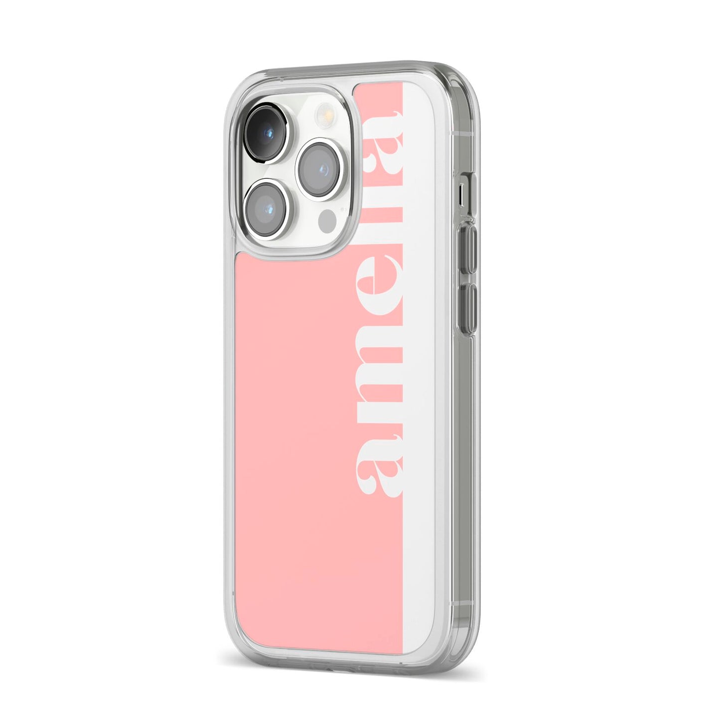 Pastel Pink Personalised Name iPhone 14 Pro Clear Tough Case Silver Angled Image