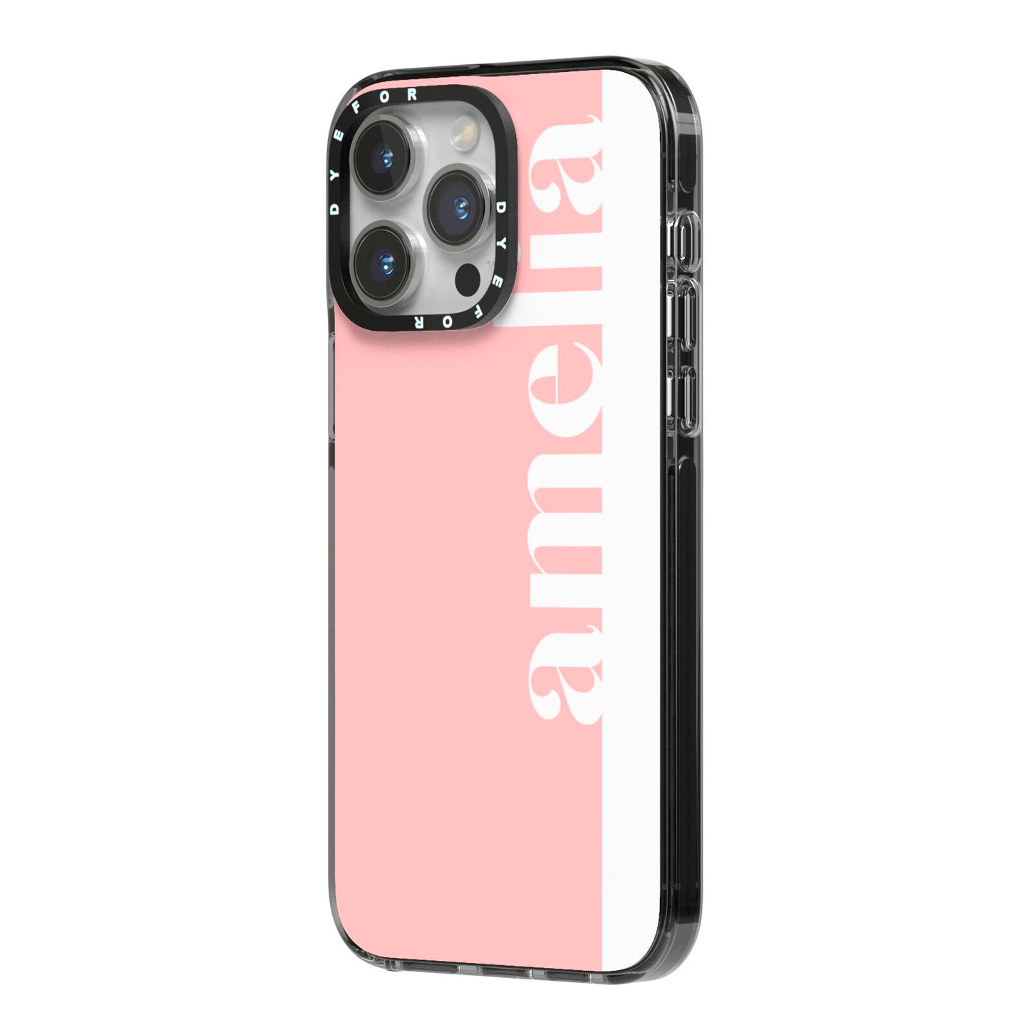 Pastel Pink Personalised Name iPhone 14 Pro Max Black Impact Case Side Angle on Silver phone