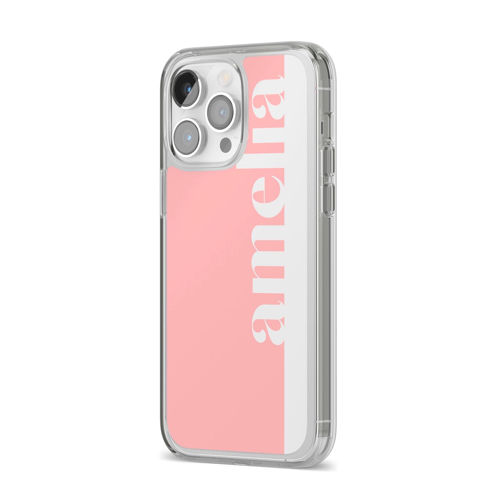 Pastel Pink Personalised Name iPhone 14 Pro Max Clear Tough Case Silver Angled Image