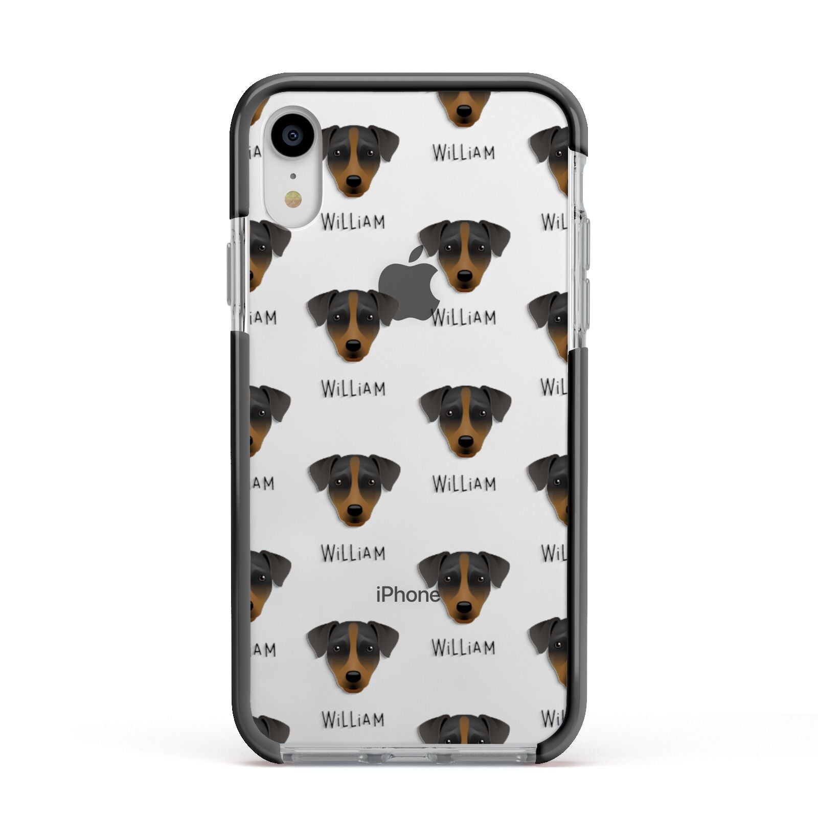Patterdale Terrier Icon with Name Apple iPhone XR Impact Case Black Edge on Silver Phone
